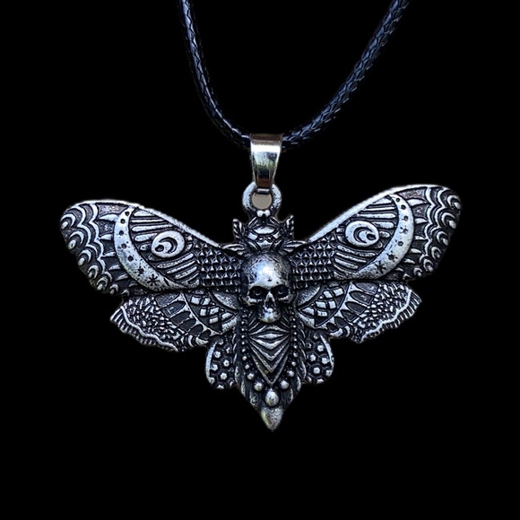 Moth with moon and skull design pewter necklace on leather cord boho goth - Picture 11 of 15